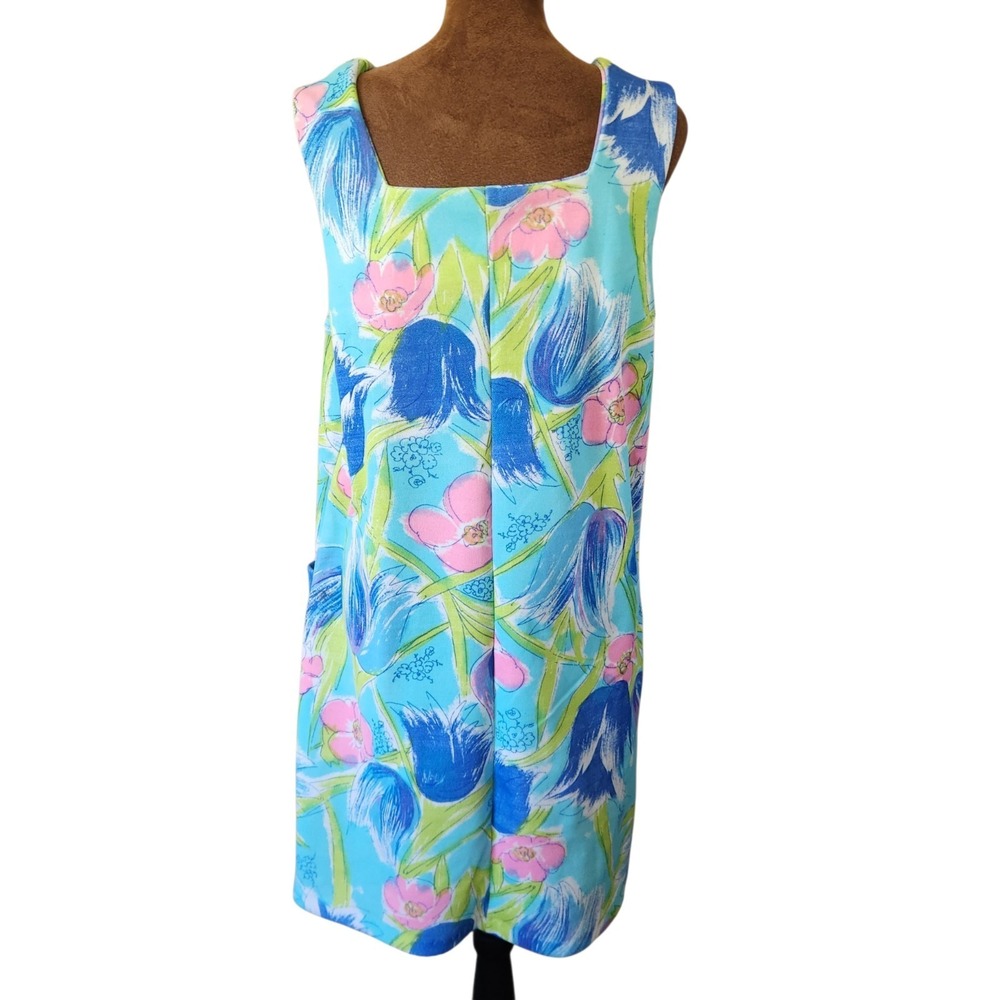 Vintage 60s 70s Floral Shift Dress Mod Pocketed MCM Pink‎ Blue Green Tropical - Picture 2 of 6